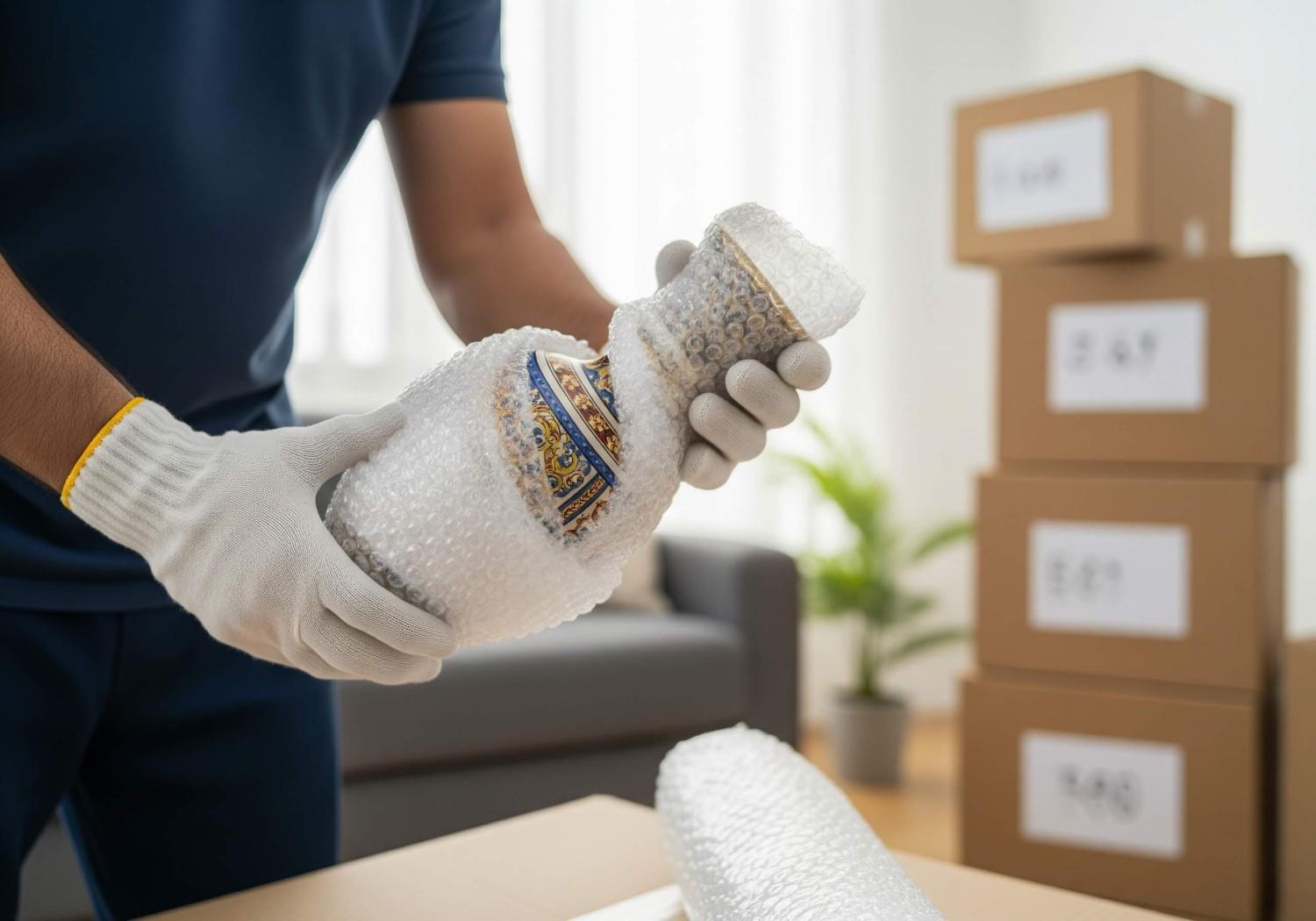 professional movers carefully packing fragile items