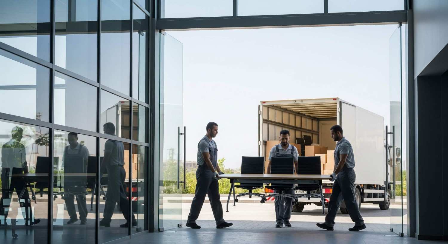 professional office moving service with workers in blue uniforms